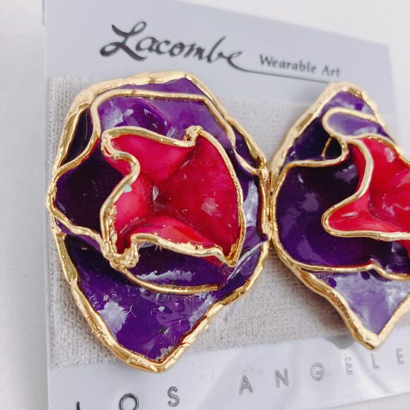 Vintage Amy Lacombe Clip-On Earrings 80s Purple Red Clay 24K Trim Statement - Picture 2 of 7